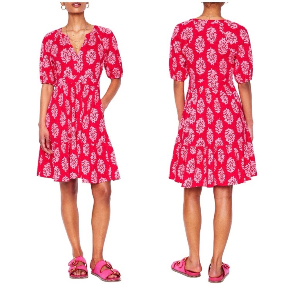 $98 Boden Piper Floral Red Pink Short Sleeve Ruffle Jersey Dress Size 20-22L